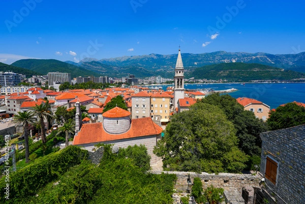 Fototapeta Aerial view of the church of Saint John the Baptist in the Old Town of Budva on the coast of the Adriatic Sea in Montenegro