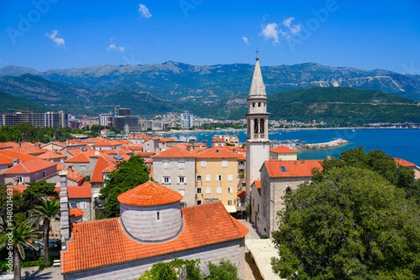 Fototapeta Aerial view of the church of Saint John the Baptist in the Old Town of Budva on the coast of the Adriatic Sea in Montenegro