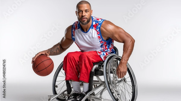 Obraz African american basketball player in wheelchair playing basketball on white background.