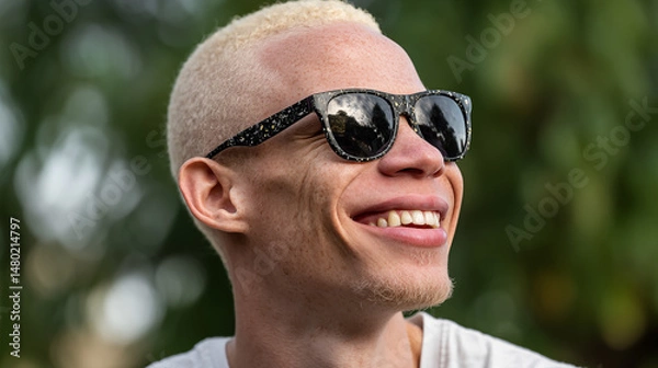 Obraz Portrait of a happy young albino man with sunglasses smiling in a park