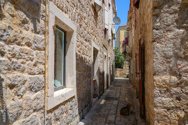 Fototapeta Narrow paved street in the Old Town of Budva, a walled coastal city built by the Venetian Republic along the coast of the Adriatic Sea in Montenegro