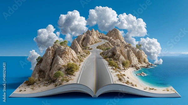 Obraz Open book with road leading to island in ocean. 3D rendering