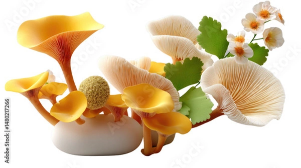 Obraz Golden Mushrooms: A captivating cluster of radiant golden mushrooms, beautifully arranged. Capturing the exquisite detail of natural textures, these mushrooms, set against an enchanting background.