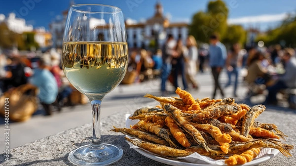 Obraz A glass of white wine on the terrace of a restaurant in Seville, Spain