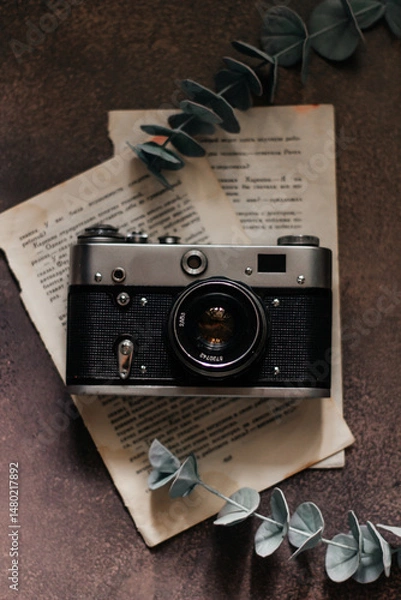 Fototapeta Retro camera on old book and eucalyptus branch on wooden background, flat lay. Vintage style