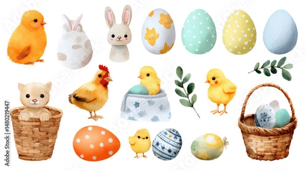 Obraz Easter Festive: Captivating composition featuring eggs, bunny, chicks, and woven baskets, evoking a sense of happiness and festive spring.