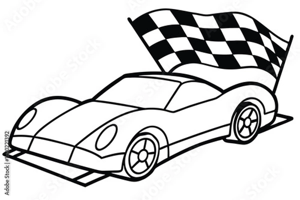 Obraz Line art shows a race car with a checkered flag behind it on white