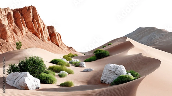 Obraz Desert Oasis: Lush green shrubs and moss thrive amidst light-colored rocks and sand dunes, creating a surprising oasis in a vast desert landscape.