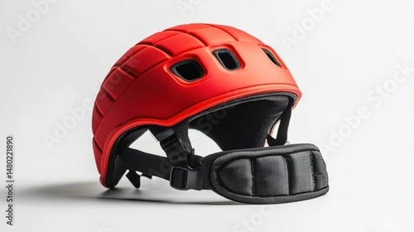 Fototapeta Bright Red Protective Helmet for Sports and Safety, Isolated on White Background, Modern Design and Functionality