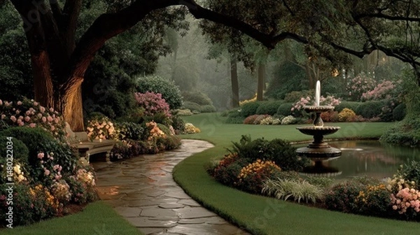 Fototapeta Garden pathway and fountain scene