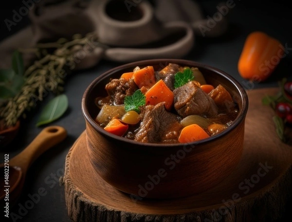 Fototapeta Traditional creamy potato salad with fresh herbs served in rustic stone bowl on wooden table, surrounded by ingredients in dark moody kitchen setup.