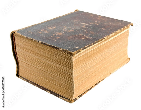 Fototapeta Old sturdy book in PNG format with transparent background. Worn cover, many visible pages, authentic vintage look. Ideal for graphic design, mockup, design.