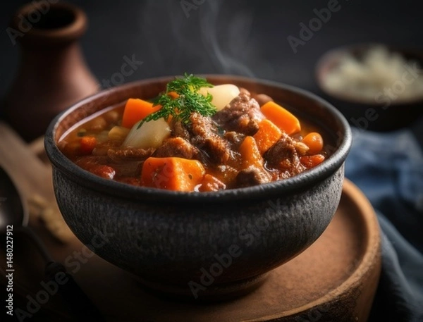 Fototapeta Traditional creamy potato salad with fresh herbs served in rustic stone bowl on wooden table, surrounded by ingredients in dark moody kitchen setup.