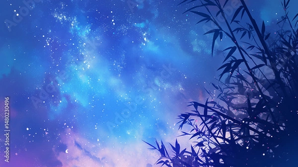 Fototapeta 竹　笹の水彩画笹夜空背景イラスト　generative ai