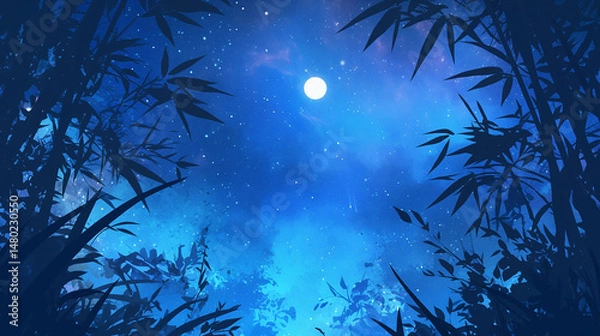 Fototapeta 竹　笹の水彩画笹夜空背景イラスト　generative ai