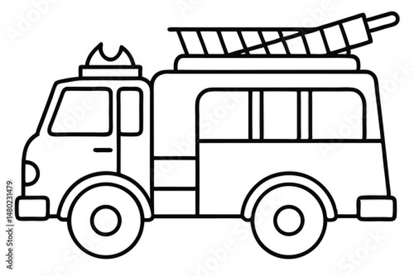 Obraz Outlined firetruck with ladder on top ready for emergencies on transparent background