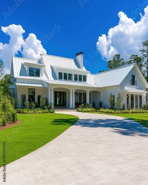 Obraz Exterior view of modern farmhouse style home with white siding and metal roof under sunny blue sky from driveway