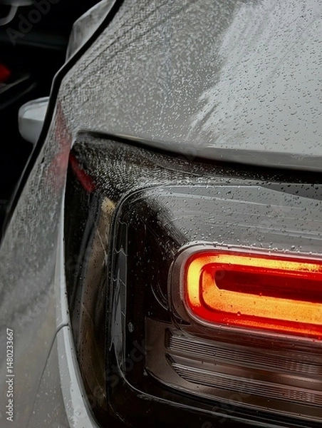 Obraz This is a detailed closeup shot of a cars tail light illuminated by rain droplets falling on its surface, creating a striking visual effect