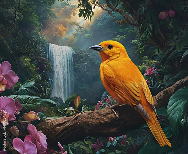 Obraz View of a golden oriole bird perched on a tree branch amidst tropical flowers in a dense forest