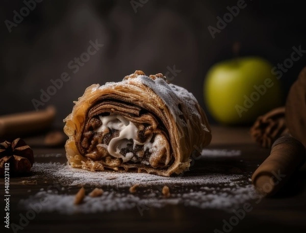 Fototapeta Freshly baked apple strudel with powdered sugar, cinnamon sticks, and apples styled on a rustic wooden board. Perfect for food photography, dessert, or traditional pastry visuals.