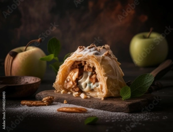 Fototapeta Freshly baked apple strudel with powdered sugar, cinnamon sticks, and apples styled on a rustic wooden board. Perfect for food photography, dessert, or traditional pastry visuals.
