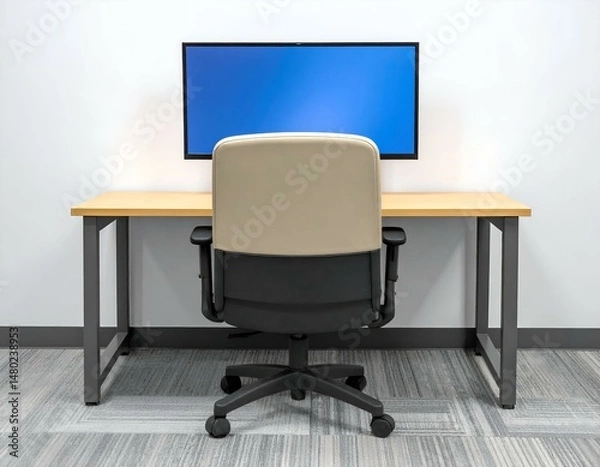 Fototapeta Modern office workspace beige chair, wooden desk, blue screen computer. Ideal for presentations or showcasing technology.