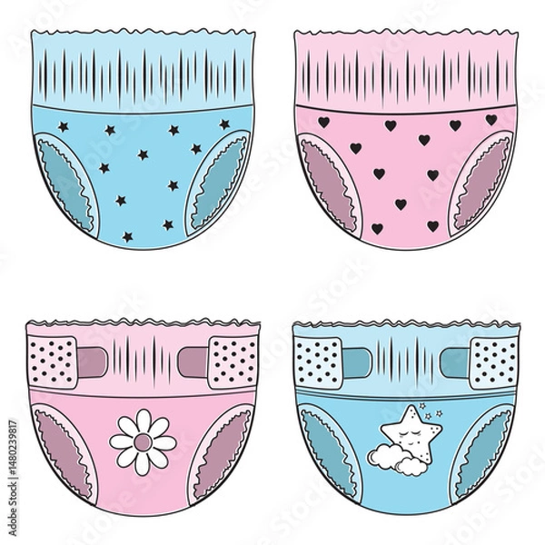 Fototapeta Cartoon-style baby absorbent diapers. Vector illustration for packaging diapers and other products for newborns
