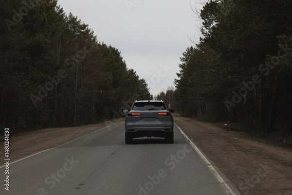 Obraz A car is currently driving down a winding road that winds its way through the dense woods and trees surrounding the area