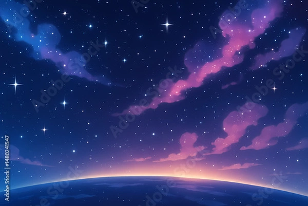 Fototapeta A vast night sky filled with countless stars above a planet's glowing horizon. Wispy clouds tinged with pink and blue drift across the deep blue expanse, creating a breathtaking celestial backdrop.