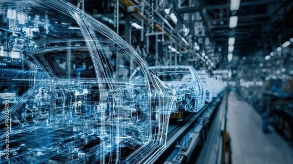 Obraz Automated vehicle production line with digital framework.