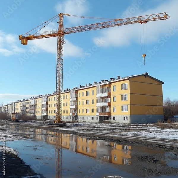 Fototapeta Construction crane towering over apartment buildings
