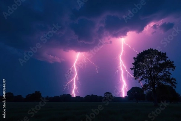 Fototapeta Fork of lightning strikes, trees silhouetted against stormy sky, dark, horizon, intense