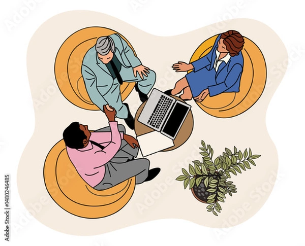 Fototapeta Top view colored sketch of business team members sitting in lounge zone, working on laptops, shaking hands, brainstorming, discussing ideas, and communicating during office meeting