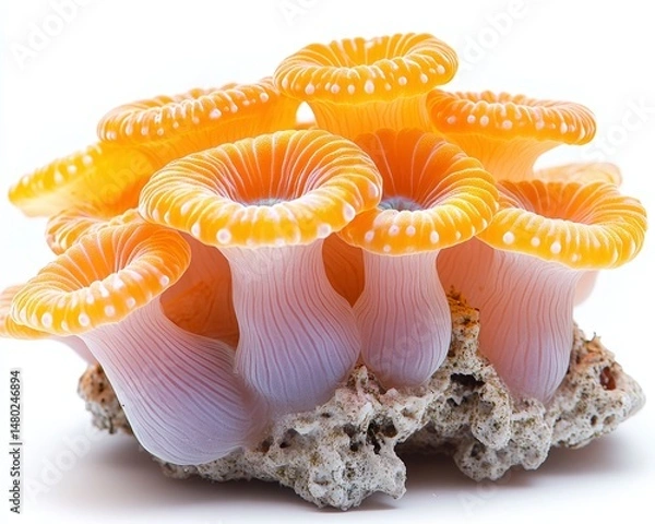 Obraz Vibrant orange mushrooms growing on a coral reef, showcasing underwater biodiversity and beauty