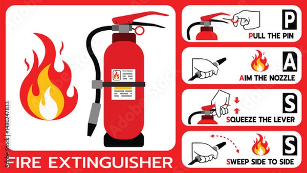 Fototapeta This visual guide provides clear, step-by-step directions for fire extinguisher use, ideal for workplaces, schools, and public buildings.