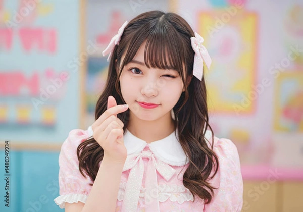 Obraz キュートなウインクとハートポーズのアイドル風ポートレート