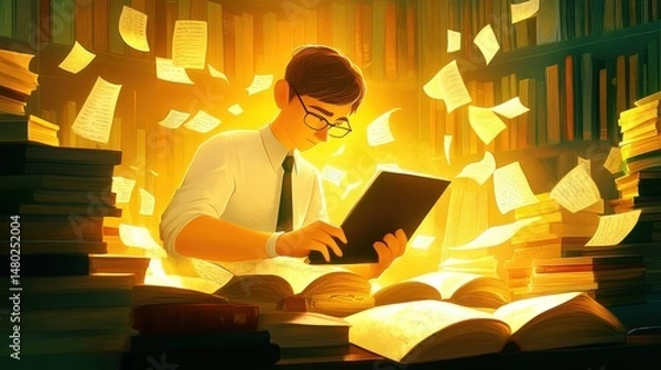 Fototapeta Young Scholar Reading in a Library Surrounded by Floating Pages
