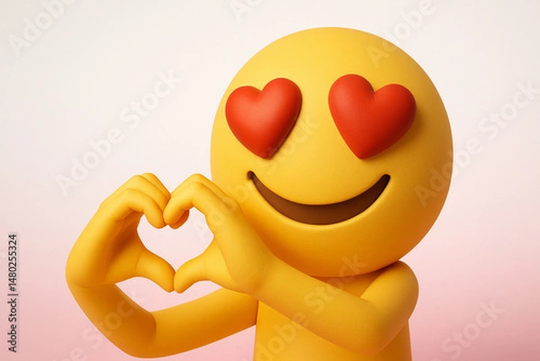 Fototapeta Heart-eyed emoji making a hand heart gesture on a soft pink gradient background, symbolizing love, affection, and positivity.