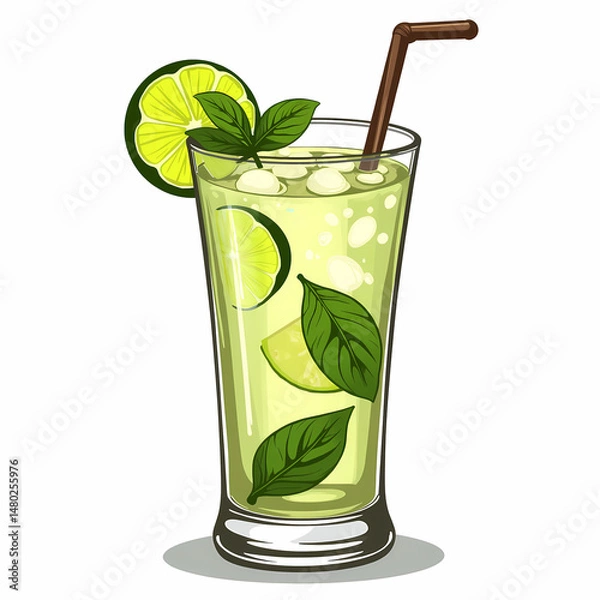 Obraz Refreshing Mojito cocktail illustration on white background, summer vibes