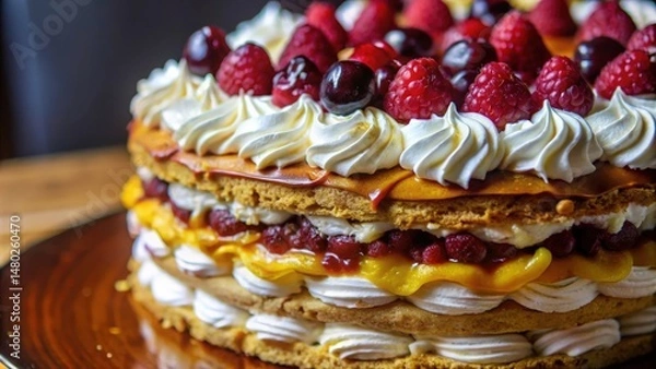 Fototapeta A multi-layered cake adorned with whipped cream, caramel, and a medley of fresh raspberries and cherries.