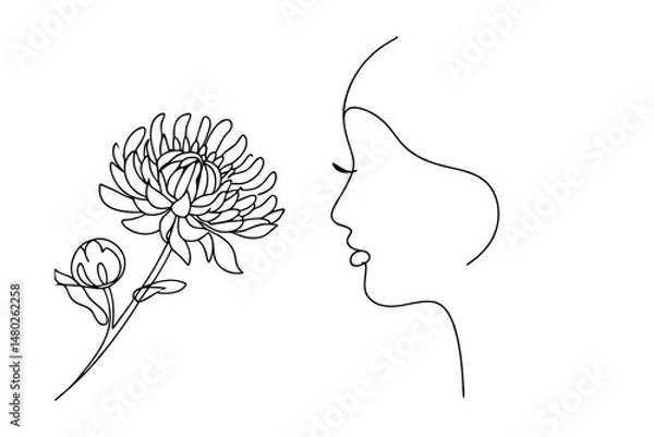 Fototapeta Minimalist one line drawing of a woman's face with a beautiful chrysanthemum flower