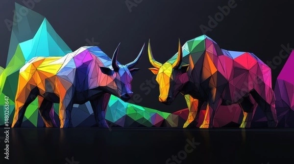Fototapeta Colorful Polygonal Bulls Facing Each Other in Abstract 3D Design
