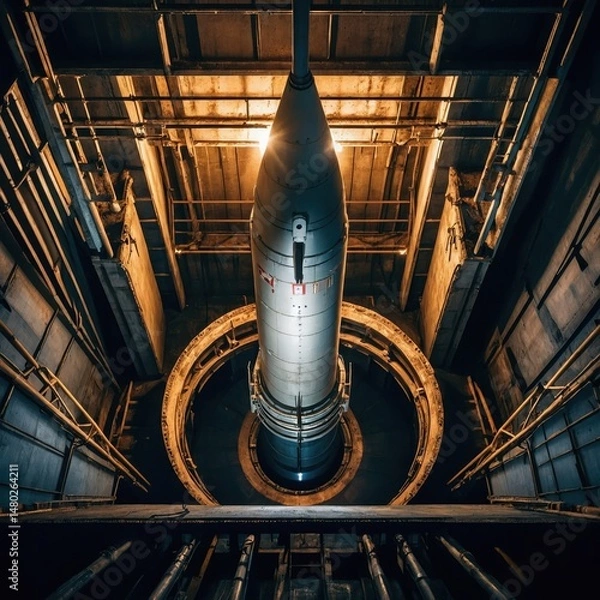 Obraz Topdown aerial view showcasing a ballistic missile within a launch facility