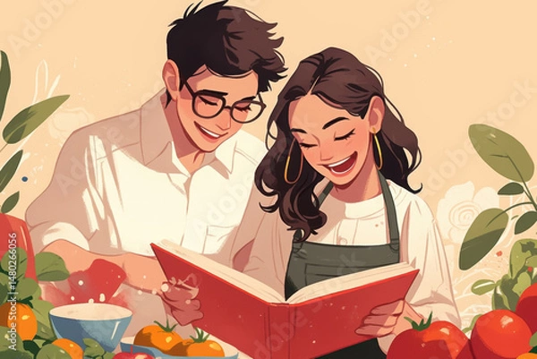 Fototapeta Couple reading book in cheerful kitchen, surrounded by cooking utensils, plants, and natural light filtering through window.
