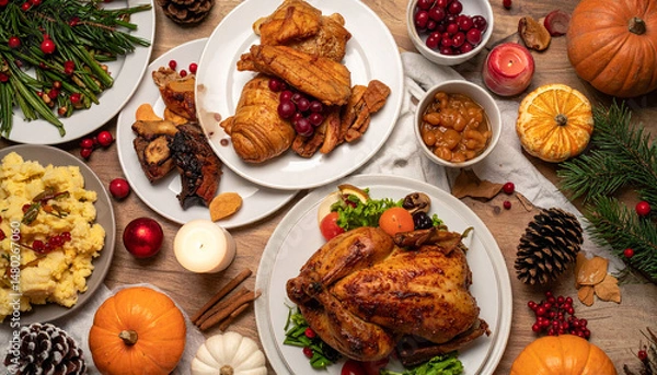 Fototapeta a wooden table is set for a festive gathering, adorned with an assortment of dishes and seasonal decor