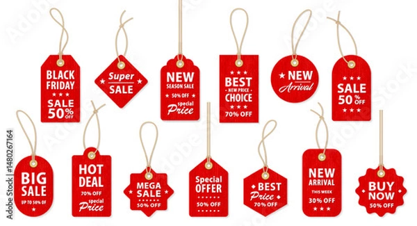 Fototapeta Set of vector red starburst, sunburst badges. Simple flat style vintage labels, stickers with sale discount text. Sale quality tags and labels