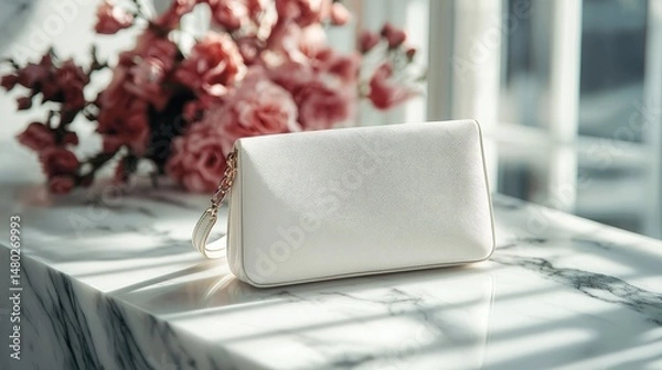 Fototapeta Elegant white handbag resting on a marble surface.
