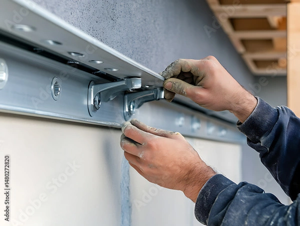 Obraz Worker Installing Metal Bracket on Wall