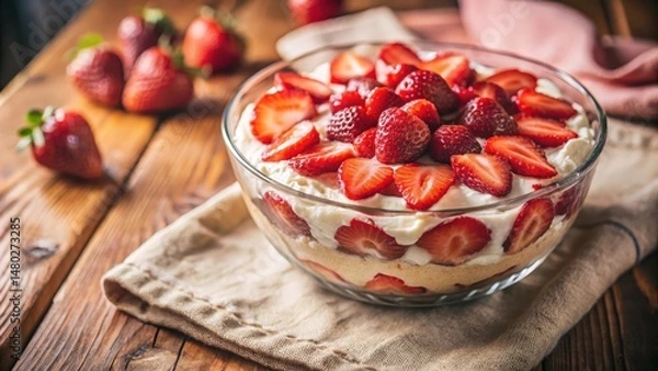 Fototapeta A classic dessert of creamy layers and fresh strawberries, topped with a generous amount of sliced fruit, presented in a glass bowl on a wooden surface.