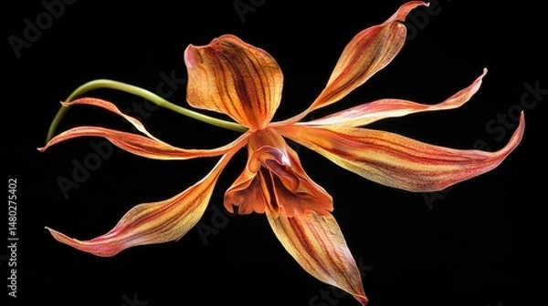 Fototapeta Strikingly detailed close-up of a vibrant orchid against a black background.